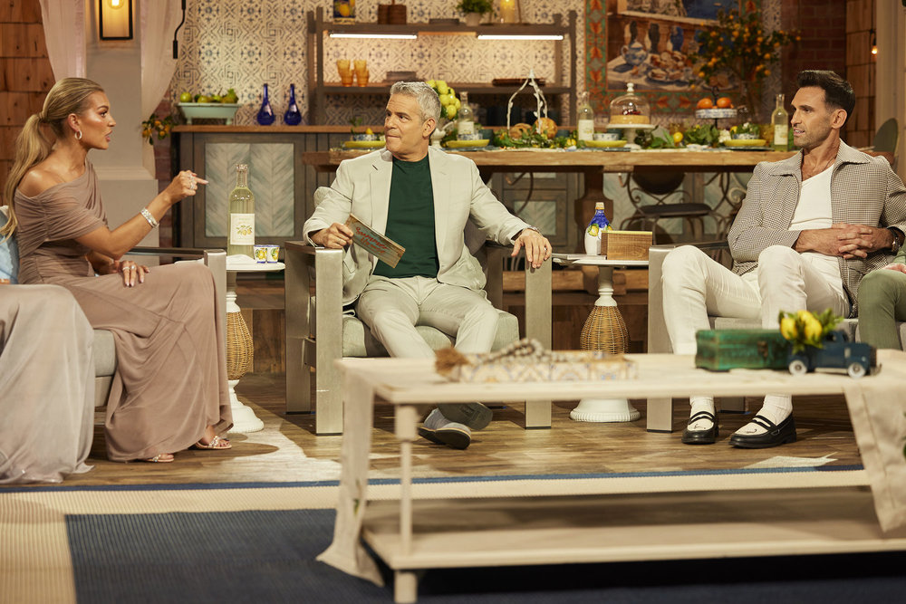 Lindsay Hubbard, Andy Cohen, and Carl Radke at the Summer House Season 8 reunion.