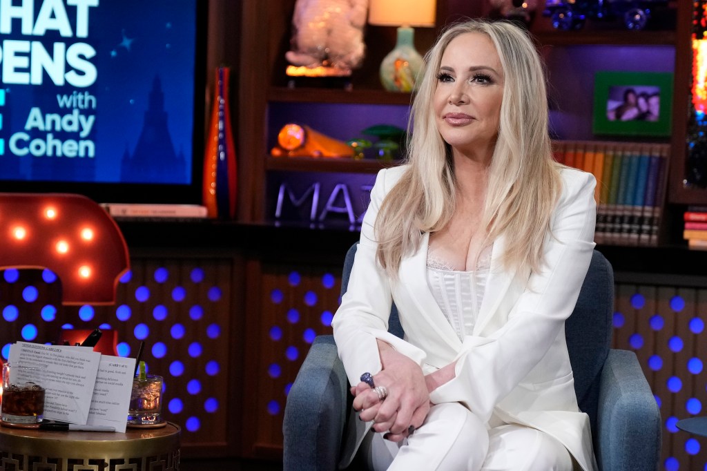 Shannon Beador in a white suit on WWHL.