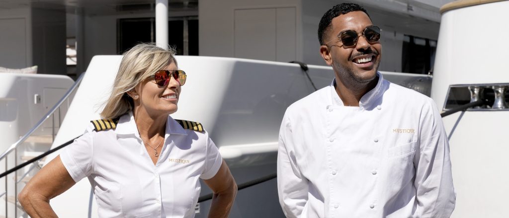 Captain Sandy Yawn and Chef Jono on Below Deck Med Season 9.