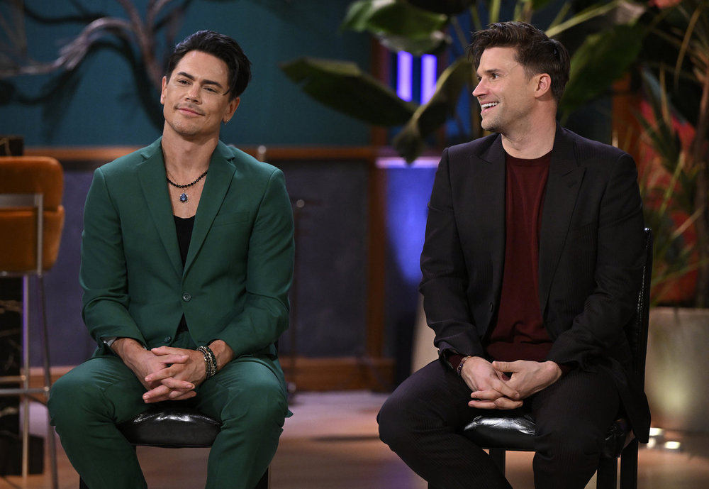 Tom Sandoval and Tom Schwartz looking smug at a Vanderpump Rules reunion.