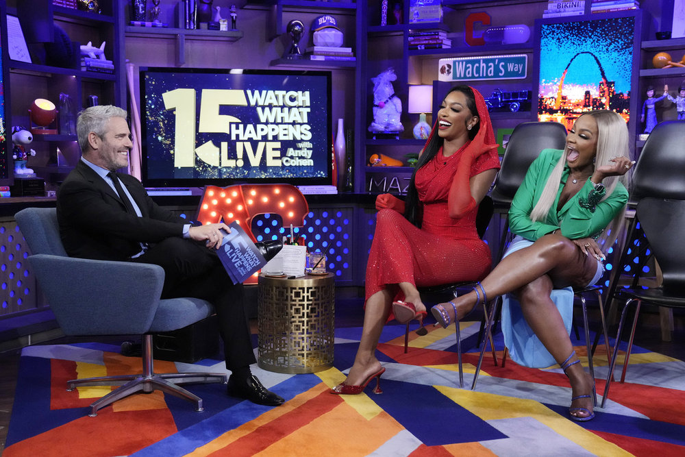 Andy Cohen, Porsha Williams, and Phaedra Parks at WWHL 15th Anniversary.