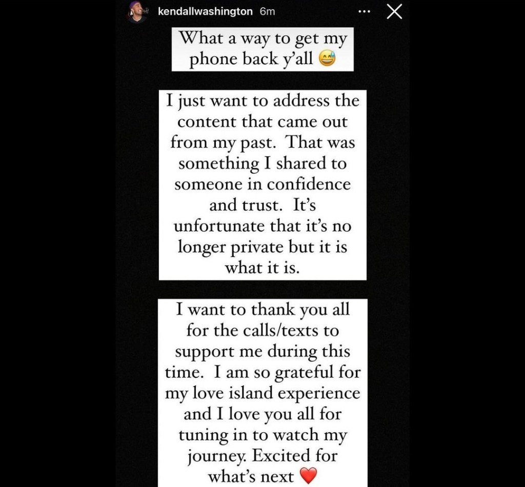 Kendall Washington's response to NSWF leak on Instagram