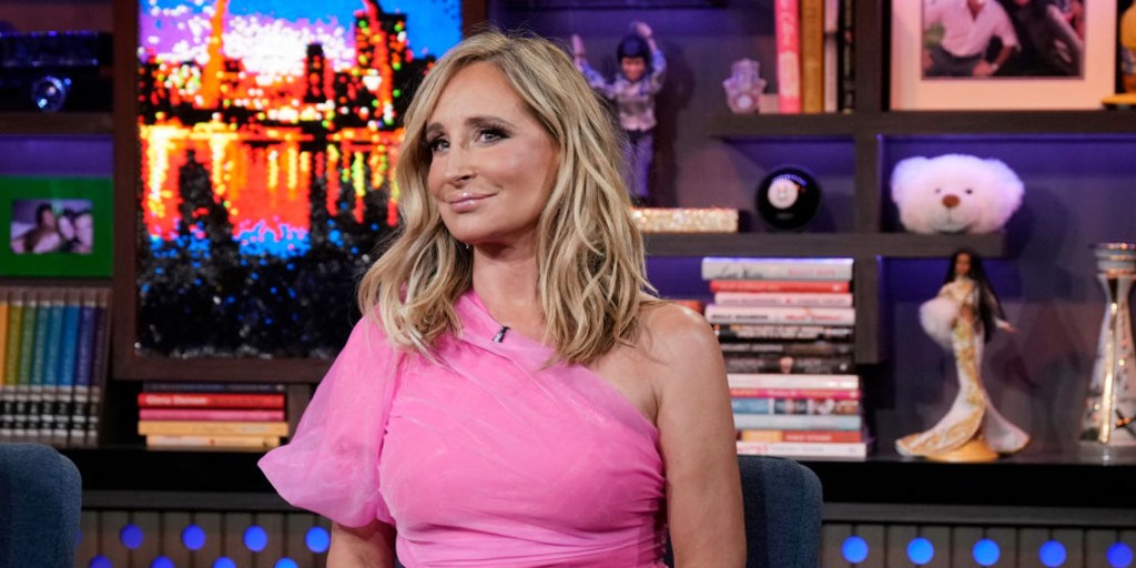 RHONY alum Sonja Morgan in a pink dress on WWHL.