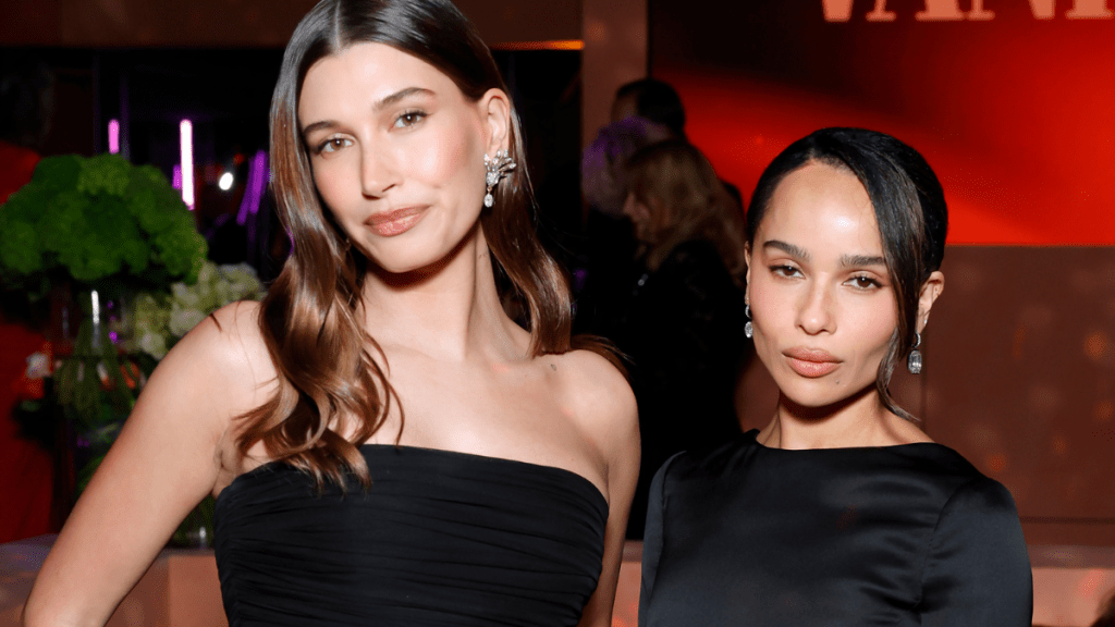 Hailey Bieber and Zoë Kravitz attend the 2025 Vanity Fair Oscar Party Hosted By Radhika Jones at Wallis Annenberg Center for the Performing Arts on March 02, 2025 in Beverly Hills, California.