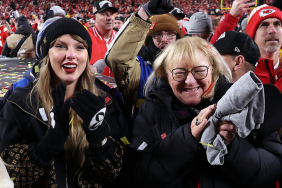 Taylor Swift and Donna Kelce celebrate after the Kansas City Chiefs defeated the Buffalo Bills 32-29 to win the AFC Championship Game at GEHA Field at Arrowhead Stadium on January 26, 2025 in Kansas City, Missouri.