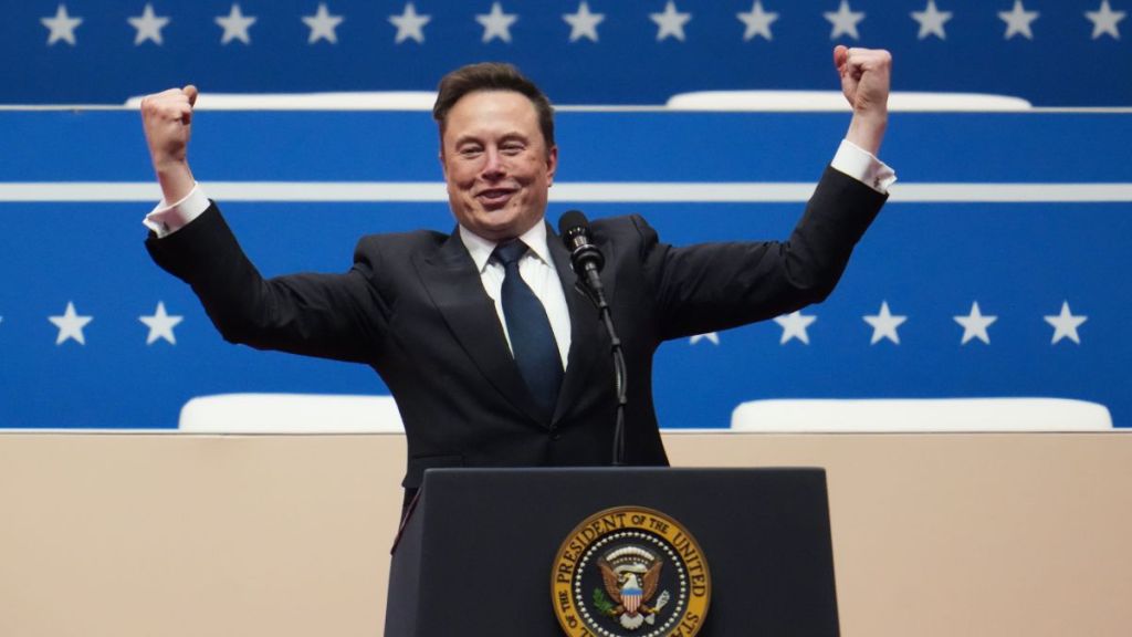 Tesla, SpaceX and X CEO Elon Musk gestures while speaking during an inauguration event at Capital One Arena on January 20, 2025 in Washington, DC. Donald Trump takes office for his second term as the 47th president of the United States.