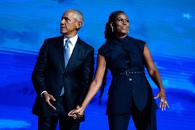 Former President Barack Obama and former first lady Michelle Obama appear on stage on the second night of the Democratic National Convention at the United Center in Chicago, Ill., on Tuesday, August 20, 2024.