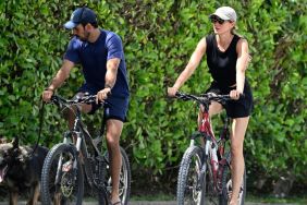 Joaquim Valente and Gisele Bündchen are seen on a bike ride on July 14, 2024 in Surfside, Florida.