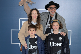 Emilie Livingston, Jeff Goldblum, (2nd row L-R) Charlie Goldblum and River Goldblum attend the match between Como 1907 and Torino at Giuseppe Sinigaglia Stadium on April 13, 2025 in Como, Italy.