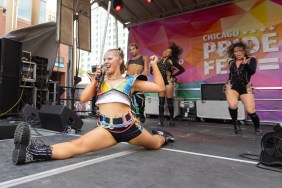 JoJo Siwa doing a split on stage at Chicago Pride 2024