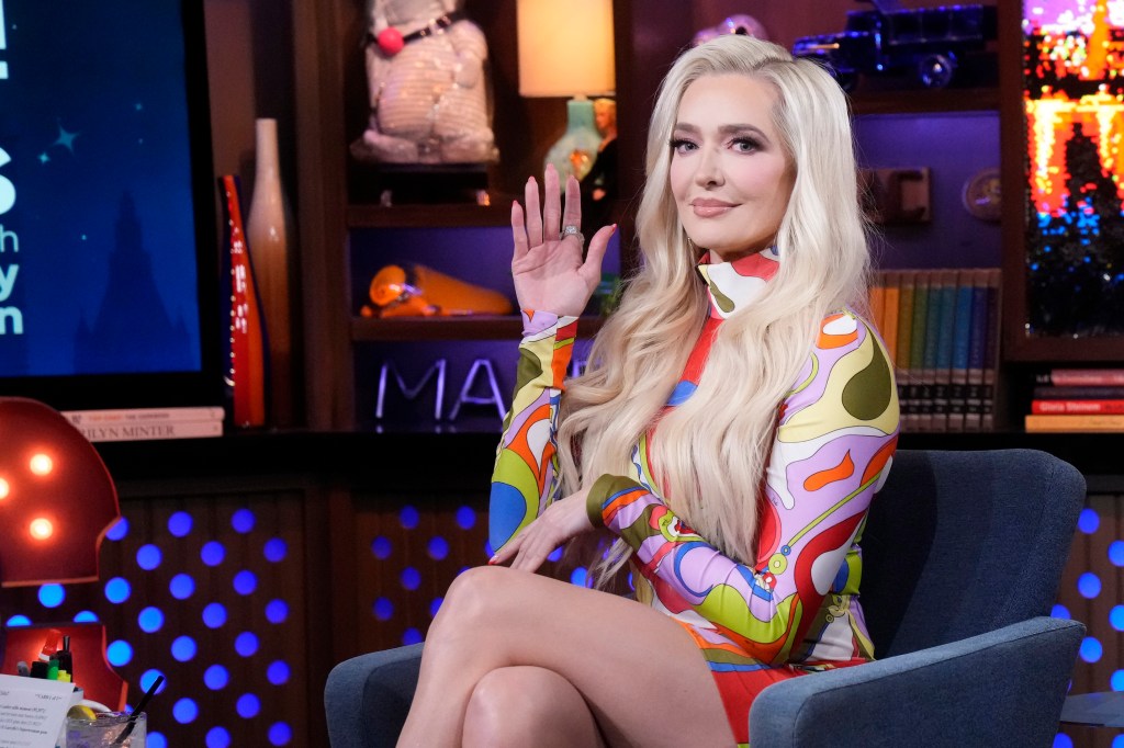 Erika Jayne gesturing with her hand on Watch What Happens Live