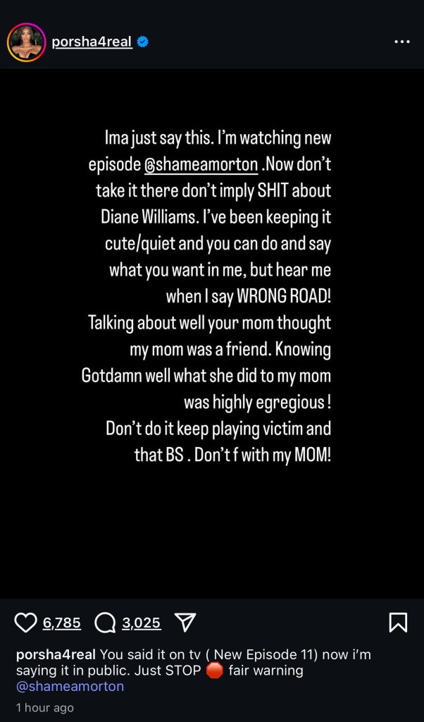 An Instagram message from Porsha Williams to Shamea Morton