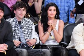 Timothee Chalamet and Kylie Jenner attend a basketball game between the Los Angeles Lakers and the Minnesota Timberwolves at Crypto.com Arena on April 30, 2025 in Los Angeles, California.
