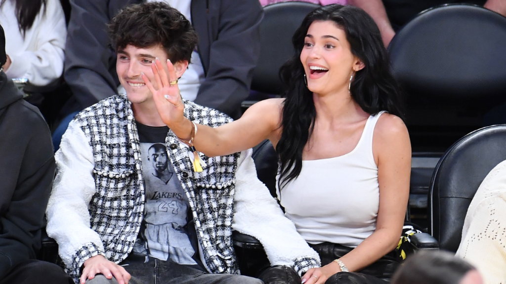 Timothee Chalamet and Kylie Jenner attend a basketball game between the Los Angeles Lakers and the Minnesota Timberwolves at Crypto.com Arena on April 30, 2025 in Los Angeles, California.