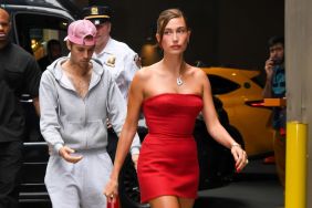 Justin Bieber and Hailey Bieber arrive at Krispy Kreme in Times Square on August 28, 2023 in New York City.