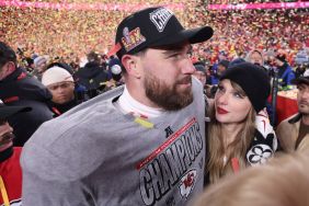 Taylor Swift celebrates with Travis Kelce #87 of the Kansas City Chiefs after defeating the Buffalo Bills 32-29 in the AFC Championship Game at GEHA Field at Arrowhead Stadium on January 26, 2025 in Kansas City, Missouri.