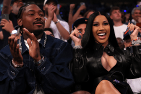 (L-R) NFL Player Stefon Diggs and rapper Cardi B sits court-side during the first quarter in Game Four of the Eastern Conference Second Round NBA Playoffs between the Boston Celtics and the New York Knicks at Madison Square Garden on May 12, 2025 in New York City.