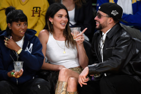 Kendall Jenner and Bad Bunny attend the Western Conference Semifinal Playoff game between the Los Angeles Lakers and Golden State Warriors at Crypto.com Arena on May 12, 2023 in Los Angeles, California.
