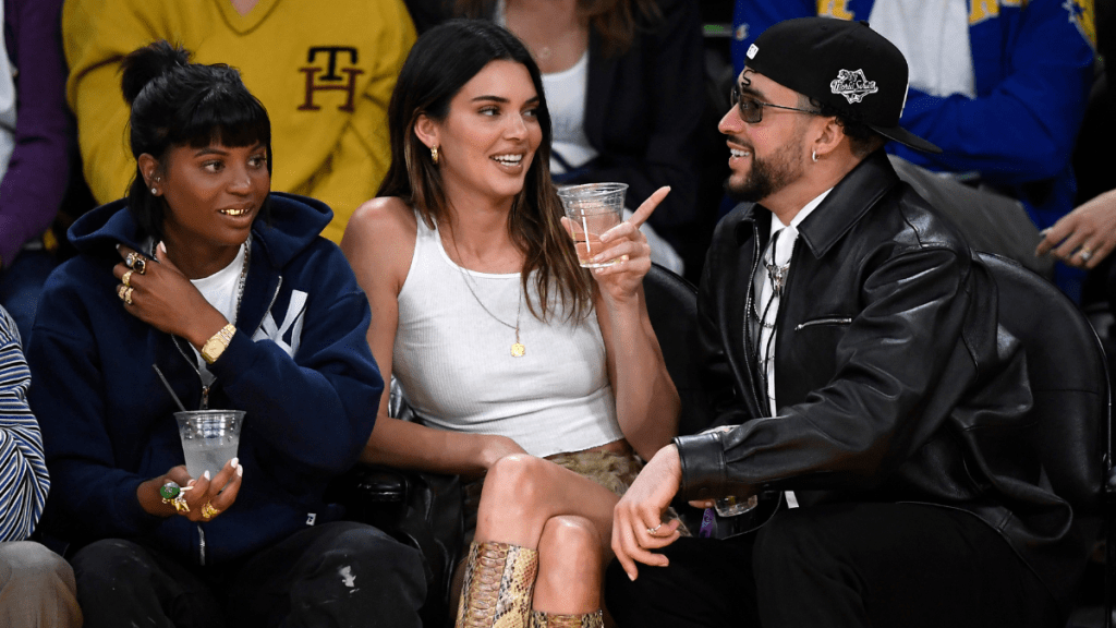 Kendall Jenner and Bad Bunny attend the Western Conference Semifinal Playoff game between the Los Angeles Lakers and Golden State Warriors at Crypto.com Arena on May 12, 2023 in Los Angeles, California.