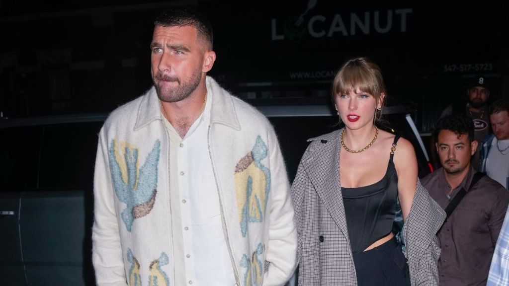 Travis Kelce and Taylor Swift arrive at SNL Afterparty on October 15, 2023 in New York City.
