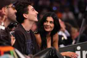 Actor Timothee Chalamet and Kylie Jenner sit court-side during the first quarter in Game Four of the Eastern Conference Second Round NBA Playoffs between the Boston Celtics and the New York Knicks at Madison Square Garden on May 12, 2025 in New York City.