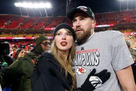 Taylor Swift celebrates with Travis Kelce #87 of the Kansas City Chiefs after defeating the Buffalo Bills 32-29 in the AFC Championship Game at GEHA Field at Arrowhead Stadium on January 26, 2025 in Kansas City, Missouri.
