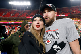 Taylor Swift celebrates with Travis Kelce #87 of the Kansas City Chiefs after defeating the Buffalo Bills 32-29 in the AFC Championship Game at GEHA Field at Arrowhead Stadium on January 26, 2025 in Kansas City, Missouri.