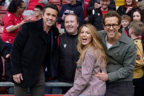 Wrexham co-owners Rob McElhenney (left) and Ryan Reynolds (right) and Ryan's wife Blake Lively before the Sky Bet League One match at SToK Racecourse, Wrexham.