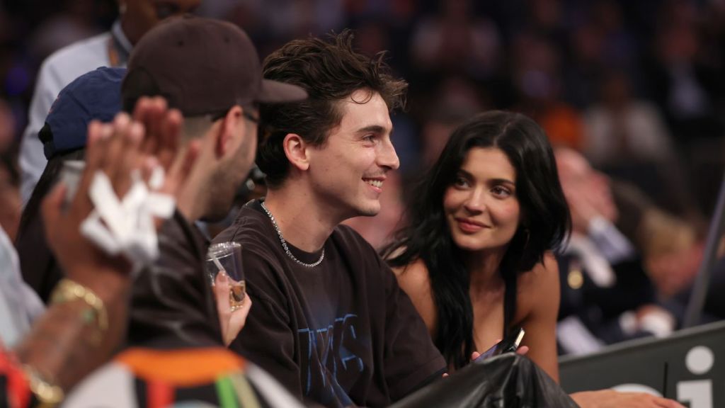 Actor Timothee Chalamet and Kylie Jenner sit court-side during the first quarter in Game Four of the Eastern Conference Second Round NBA Playoffs between the Boston Celtics and the New York Knicks at Madison Square Garden on May 12, 2025 in New York City.