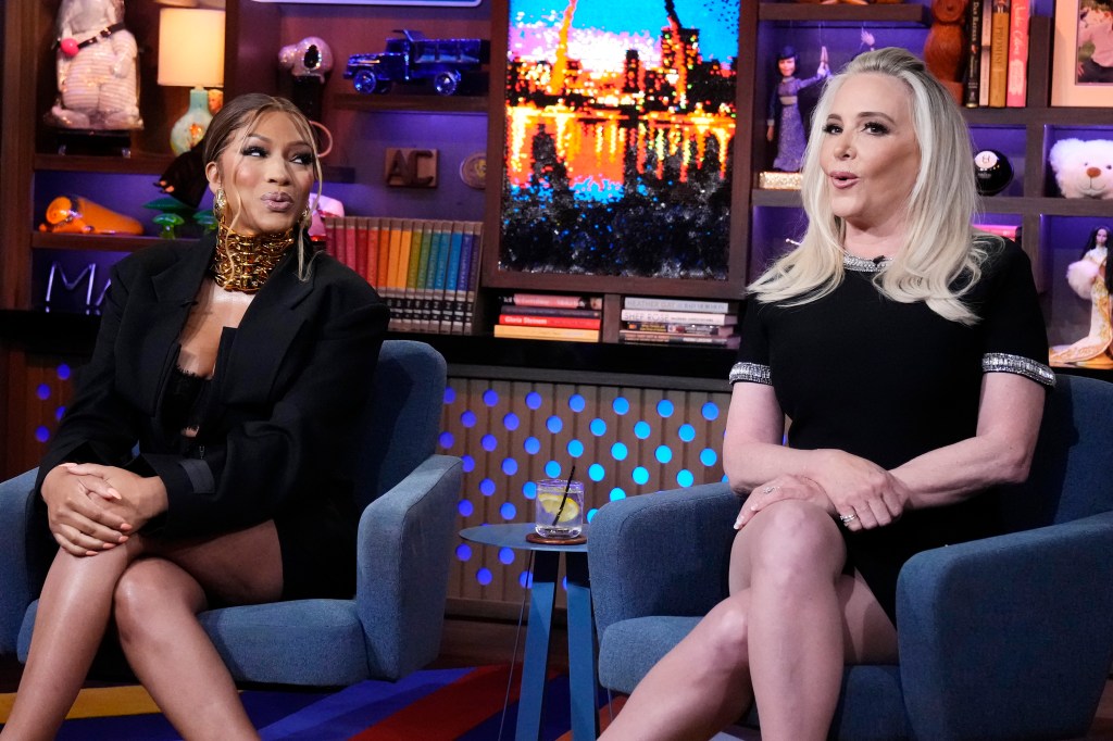 Shannon Beador and Drew Sidora making surprised expressions on Watch What Happens Live