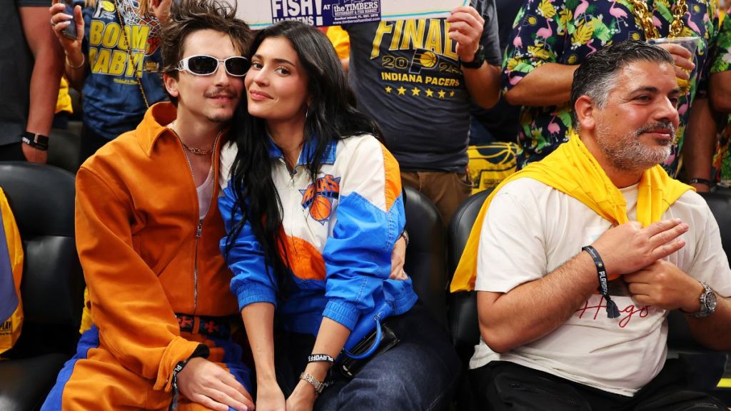 Timothee Chalamet and Kylie Jenner attend Game Six of the Eastern Conference Finals of the 2025 NBA Playoffs between the New York Knicks and the Indiana Pacers at Gainbridge Fieldhouse on May 31, 2025 in Indianapolis, Indiana.