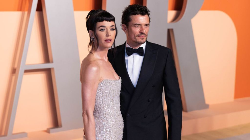 Katy Perry and Orlando Bloom attend the 2025 Vanity Fair Oscar After Party Arrivals on March 3, 2025 at Wallis Annenberg Center for the Performing Arts in Beverly Hills, California.
