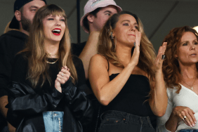 Taylor Swift and Blake Lively cheer from the stands during an NFL football game between the New York Jets and the Kansas City Chiefs at MetLife Stadium on October 1, 2023 in East Rutherford, New Jersey.