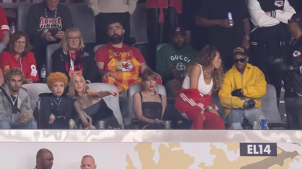 Ice Spice, Taylor Swift and Blake Lively look on during the Super Bowl LVIII match