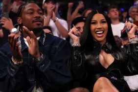 NFL Player Stefon Diggs (R) and rapper Cardi B (L) celebrate in the fourth quarter of Game Four of the Eastern Conference Second Round NBA Playoffs