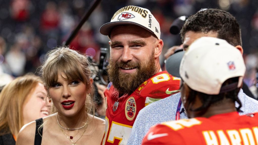 Travis Kelce and Taylor Swift at Allegiant Stadium on February 11, 2024 in Las Vegas, Nevada